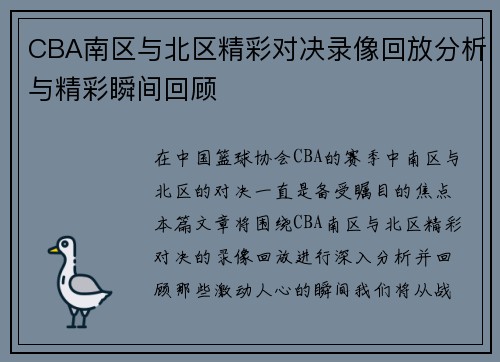 CBA南区与北区精彩对决录像回放分析与精彩瞬间回顾